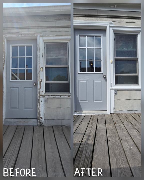 Entry door, trim and siding brought back