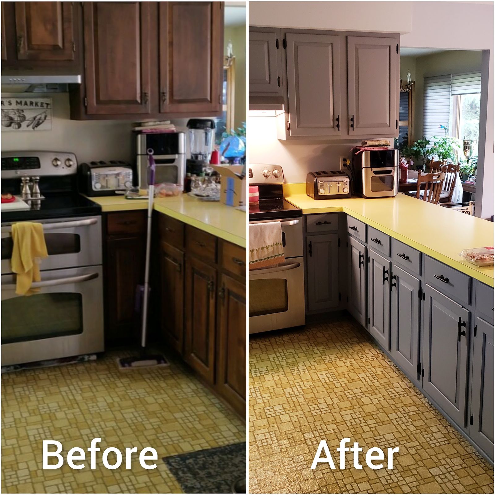 Honey-oak kitchen cabinets painted a warm gray
