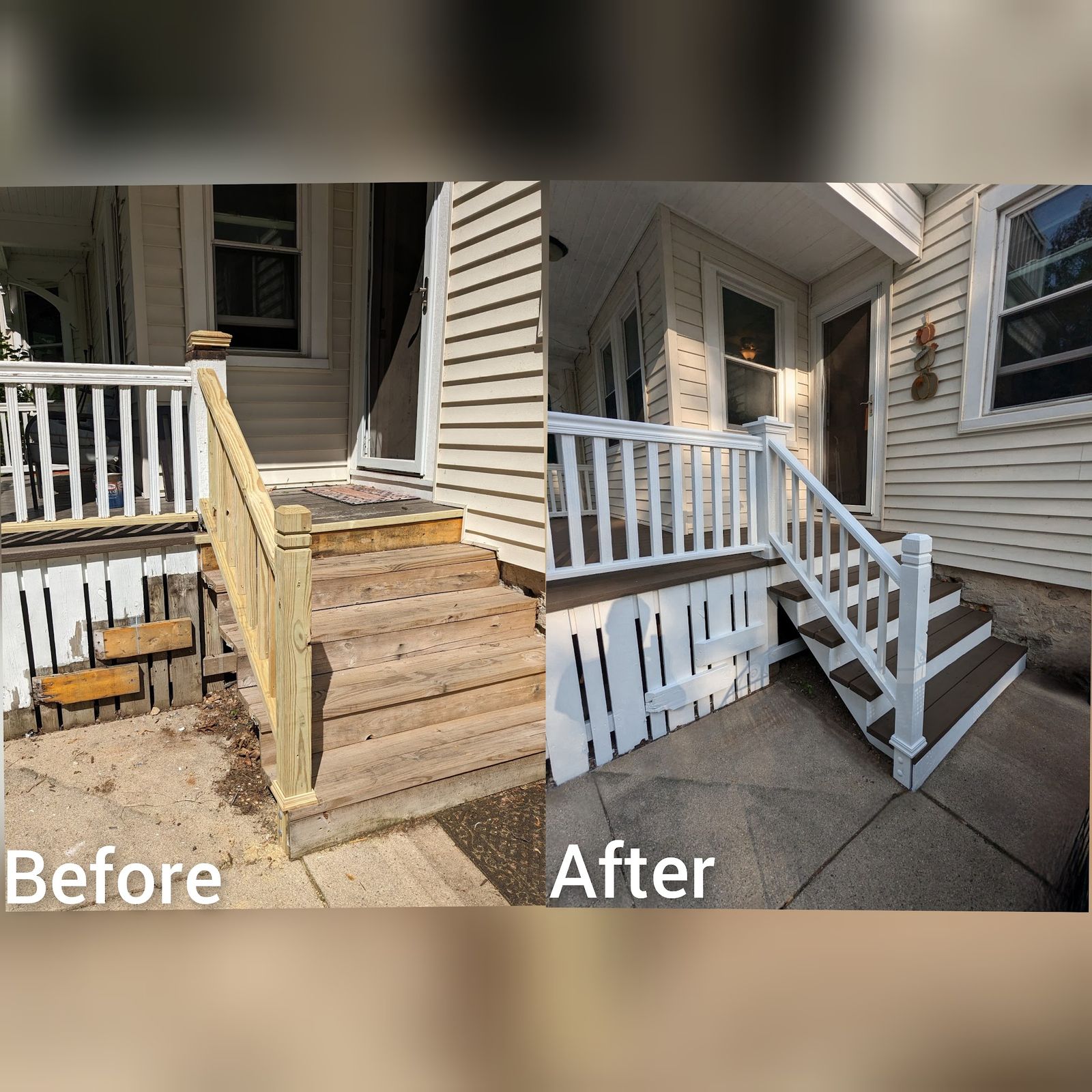 Raw wood porch steps and railing painted white
